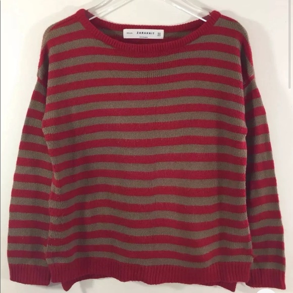 Zara Knit Women Sweater Medium Red Tan Stripe Short Sweater